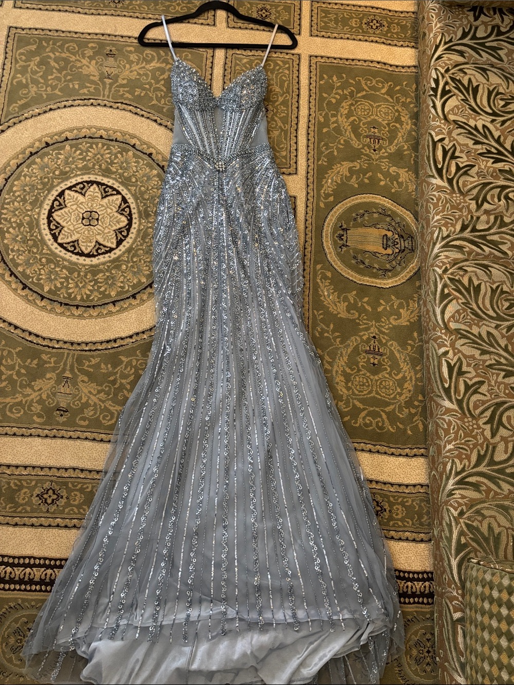 Silver Beaded Spaghetti-Strap Evening Gown